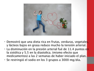 !
• Demostró que una dieta rica en frutas, verduras, vegetales,
y lácteos bajos en grasa reduce mucho la tensión arterial.
• La disminución en la presión arterial fué de 11.4 puntos en
la sistólica y 5.5 en la diastolica. (mismo efecto que
medicamentos) a las 2 semanas de haber iniciado el plan.
• Se restringió el sodio en los 3 grupos a 3000 mg/dia.
 