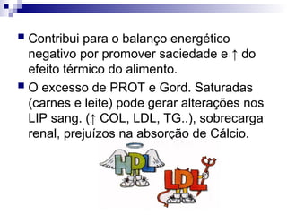  Contribui para o balanço energético
negativo por promover saciedade e ↑ do
efeito térmico do alimento.
 O excesso de PROT e Gord. Saturadas
(carnes e leite) pode gerar alterações nos
LIP sang. (↑ COL, LDL, TG..), sobrecarga
renal, prejuízos na absorção de Cálcio.
 