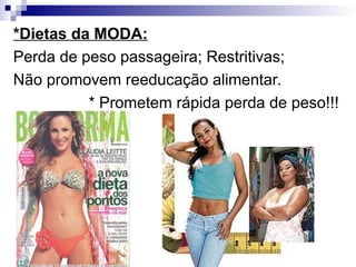 *Dietas da MODA:
Perda de peso passageira; Restritivas;
Não promovem reeducação alimentar.
* Prometem rápida perda de peso!!!
 