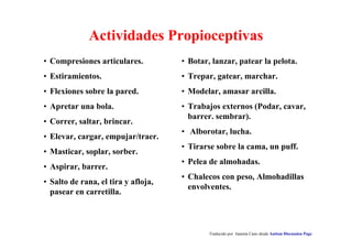 Traducido por Juanma Cano desde Autism Discussion Page
Actividades Propioceptivas
• Botar, lanzar, patear la pelota.
• Trepar, gatear, marchar.
• Modelar, amasar arcilla.
• Trabajos externos (Podar, cavar,
barrer. sembrar).
• Alborotar, lucha.
• Tirarse sobre la cama, un puff.
• Pelea de almohadas.
• Chalecos con peso, Almohadillas
envolventes.
• Compresiones articulares.
• Estiramientos.
• Flexiones sobre la pared.
• Apretar una bola.
• Correr, saltar, brincar.
• Elevar, cargar, empujar/traer.
• Masticar, soplar, sorber.
• Aspirar, barrer.
• Salto de rana, el tira y afloja,
pasear en carretilla.
 