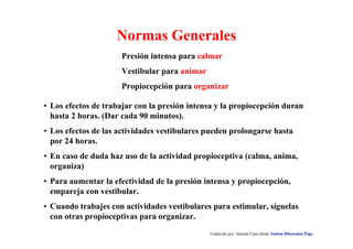 Traducido por Juanma Cano desde Autism Discussion Page
Normas Generales
Presión intensa para calmar
Vestibular para animar
Propiocepción para organizar
• Los efectos de trabajar con la presión intensa y la propiocepción duran
hasta 2 horas. (Dar cada 90 minutos).
• Los efectos de las actividades vestibulares pueden prolongarse hasta
por 24 horas.
• En caso de duda haz uso de la actividad propioceptiva (calma, anima,
organiza)
• Para aumentar la efectividad de la presión intensa y propiocepción,
empareja con vestibular.
• Cuando trabajes con actividades vestibulares para estimular, síguelas
con otras propioceptivas para organizar.
 