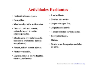 Traducido por Juanma Cano desde Autism Discussion Page
Actividades Excitantes
• Luz brillante.
• Música estridente.
• Jugar con agua fría.
• Juguetes antiestrés.
• Tomar bebidas carbonatadas.
• Ejercicios físicos.
• Bailar.
• Sentarse en banquetas o colches
de aire.
• Frotamientos enérgicos.
• Cosquillas.
• Masticando chicle o alimentos.
• Insertar, extraer, correr,
saltar, brincar, levantar
objetos pesados.
• Movimiento irregular rápido,
(natación, trampolín, pelotas
terapéuticas)
• Patear, saltar, lanzar pelotas.
• Frotes con loción.
• Degustaciones y olores fuertes,
(menta, perfumes)
 
