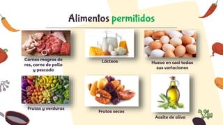 Alimentos permitidos
Carnes magras de
res, carne de pollo
y pescado
Lácteos Huevo en casi todas
sus variaciones
Frutas y verduras
Frutos secos
Aceite de oliva
 