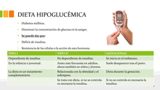 DIETA HIPOGLUCÉMICA
• Diabetes mellitus.
• Disminuir la concentración de glucosa en la sangre.
 Se puede dar por:
• Défic...