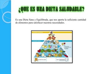 Es una Dieta Sana y Equilibrada, que nos aporta la suficiente cantidad 
de alimentos para satisfacer nuestras necesidades. 
 