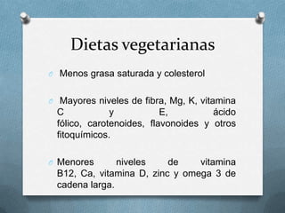 Dietas vegetarianas
O Menos grasa saturada y colesterol


O Mayores niveles de fibra, Mg, K, vitamina
 C            y           E,         ácido
 fólico, carotenoides, flavonoides y otros
 fitoquímicos.

O Menores      niveles    de    vitamina
 B12, Ca, vitamina D, zinc y omega 3 de
 cadena larga.
 