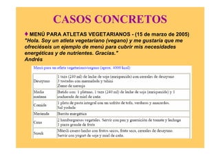 CASOS CONCRETOS
♦ MENÚ PARA ATLETAS VEGETARIANOS - (15 de marzo de 2005)
"Hola. Soy un atleta vegetariano (vegano) y me gustaría que me
ofreciéseis un ejemplo de menú para cubrir mis necesidades
energéticas y de nutrientes. Gracias."
Andrés
 
