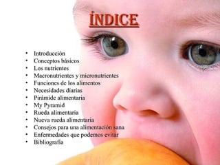 Índice Introducción Conceptos básicos Los nutrientes Macronutrientes y micronutrientes Funciones de los alimentos Necesidades diarias Pirámide alimentaria My Pyramid Rueda alimentaria Nueva rueda alimentaria Consejos para una alimentación sana Enfermedades que podemos evitar Bibliografía 