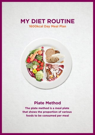 1600kcal Day Meal Plan
MY DIET ROUTINE
Plate Method
The plate method is a meal plate
that shows the proportion of various
foods to be consumed per meal
 