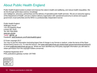 12
About Public Health England
Public Health England exists to protect and improve the nation’s health and wellbeing, and reduce health inequalities. We
do this through world-class science, knowledge
and intelligence, advocacy, partnerships and the delivery of specialist public health services. We are an executive agency
of the Department of Health, and are a distinct delivery organisation with operational autonomy to advise and support
government, local authorities and the NHS in a professionally independent manner.
Public Health England
Wellington House
133-155 Waterloo Road
London SE1 8UG
Tel: 020 7654 8000
www.gov.uk/phe
Twitter: @PHE_uk
Facebook: www.facebook.com/PublicHealthEngland
© Crown copyright 2017
You may re-use this information (excluding logos) free of charge in any format or medium, under the terms of the Open
Government Licence v3.0. To view this licence, visit www.nationalarchives.gov.uk/doc/open-government-licence/version/3/
or email psi@nationalarchives.gsi.gov.uk. Where we have identified any third party copyright information you will need to
obtain permission from the copyright holders concerned.
Published September 2017
PHE publications gateway number: 2017400
Patterns and trends in child diet
 