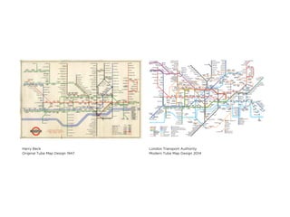 Harry Beck
Original Tube Map Design 1947
London Transport Authority
Modern Tube Map Design 2014
 