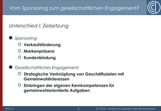 29.01.15 13 © CCCD – Centrum für Corporate Citizenship Deutschland
Vom Sponsoring zum gesellschaftlichen Engagement?
Unterschied I: Zielsetzung
 Sponsoring:
 Verkaufsförderung
 Markenpräsenz
 Kundenbindung
 Gesellschaftliches Engagement:
 Strategische Verknüpfung von Geschäftszielen mit
Gemeinwohlinteressen
 Einbringen der eigenen Kernkompetenzen für
gemeinwohlorientierte Aufgaben
 
