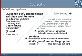 29.01.15 6 © CCCD – Centrum für Corporate Citizenship Deutschland
Sponsoring
„entspricht erst dann dem
Grundsatz der Nachhaltigkeit
und Langfristigkeit, wenn alle
Anstrengungen der beiden Partner
nicht nur
 auf die optimale gegenseitige
Zielerreichung ausgerichtet sind,
 ausdrücklich einen Nutzen und Zufriedenheit
für die gemeinsamen Zielgruppen
anstreben“ (Elisa Bortoluzzi Dubach)
„Geschäft auf Gegenseitigkeit
zwischen zwei Partnern,
dem Sponsor und dem
Gesponserten“ -
„Leistung und
Gegenleistung
klar definiert“
(Arnold
Hermans)
Sponsoring
+
sondern
Definitionsangebote:
 
