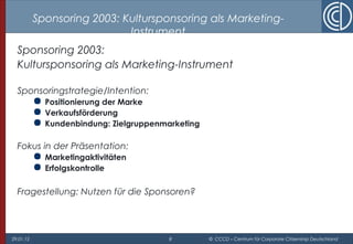 29.01.15 8 © CCCD – Centrum für Corporate Citizenship Deutschland
Sponsoring 2003: Kultursponsoring als Marketing-
Instrument
Sponsoring 2003:
Kultursponsoring als Marketing-Instrument
Sponsoringstrategie/Intention:
 Positionierung der Marke
 Verkaufsförderung
 Kundenbindung: Zielgruppenmarketing
Fokus in der Präsentation:
 Marketingaktivitäten
 Erfolgskontrolle
Fragestellung: Nutzen für die Sponsoren?
 