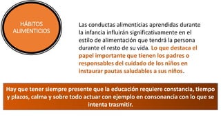 HÁBITOS
ALIMENTICIOS
Las conductas alimenticias aprendidas durante
la infancia influirán significativamente en el
estilo de alimentación que tendrá la persona
durante el resto de su vida. Lo que destaca el
papel importante que tienen los padres o
responsables del cuidado de los niños en
instaurar pautas saludables a sus niños.
Hay que tener siempre presente que la educación requiere constancia, tiempo
y plazos, calma y sobre todo actuar con ejemplo en consonancia con lo que se
intenta trasmitir.
 