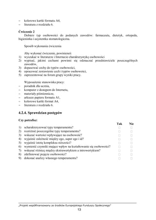 „Projekt współfinansowany ze środków Europejskiego Funduszu Społecznego”
13
− kolorowe kartki formatu A4,
− literatura z rozdziału 6.
Ćwiczenie 2
Dobierz typ osobowości do podanych zawodów: farmaceuta, dietetyk, ortopeda,
higienistka i asystentka stomatologiczna.
Sposób wykonania ćwiczenia
Aby wykonać ćwiczenie, powinieneś:
1) wyszukać w literaturze i Internecie charakterystykę osobowości
2) wypisać, jakimi cechami powinni się odznaczać przedstawiciele poszczególnych
zawodów,
3) dopasować cechy do typów osobowości,
4) opracować zestawienie cech i typów osobowości,
5) zaprezentować na forum grupy wyniki pracy.
Wyposażenie stanowiska pracy:
− poradnik dla ucznia,
− komputer z dostępem do Internetu,
− materiały piśmiennicze,
− arkusze papieru formatu A1,
− kolorowe kartki format A4,
− literatura z rozdziału 6.
4.2.4. Sprawdzian postępów
Czy potrafisz:
Tak Nie
1) scharakteryzować typy temperamentu?  
2) rozróżnić poszczególne typy temperamentu?  
3) wskazać wartości wpływające na osobowość?  
4) wyjaśnić zależność między ego, super ego i id?  
5) wyjaśnić istotę kompleksu niższości?  
6) wymienić czynniki mające wpływ na kształtowanie się osobowości?  
7) wskazać różnicę między ekstrawertykiem a introwertykiem?  
8) zdefiniować pojęcie osobowości?  
9) dokonać analizy własnego temperamentu?  
 