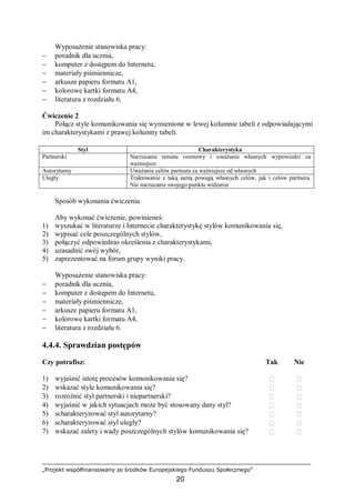 „Projekt współfinansowany ze środków Europejskiego Funduszu Społecznego”
20
Wyposażenie stanowiska pracy:
− poradnik dla ucznia,
− komputer z dostępem do Internetu,
− materiały piśmiennicze,
− arkusze papieru formatu A1,
− kolorowe kartki formatu A4,
− literatura z rozdziału 6.
Ćwiczenie 2
Połącz style komunikowania się wymienione w lewej kolumnie tabeli z odpowiadającymi
im charakterystykami z prawej kolumny tabeli.
Styl Charakterystyka
Partnerski Narzucanie tematu rozmowy i uważanie własnych wypowiedzi za
ważniejsze
Autorytarny Uważanie celów partnera za ważniejsze od własnych
Uległy Traktowanie z taką samą powagą własnych celów, jak i celów partnera.
Nie narzucanie swojego punktu widzenia
Sposób wykonania ćwiczenia
Aby wykonać ćwiczenie, powinieneś:
1) wyszukać w literaturze i Internecie charakterystykę stylów komunikowania się,
2) wypisać cele poszczególnych stylów,
3) połączyć odpowiednio określenia z charakterystykami,
4) uzasadnić swój wybór,
5) zaprezentować na forum grupy wyniki pracy.
Wyposażenie stanowiska pracy:
− poradnik dla ucznia,
− komputer z dostępem do Internetu,
− materiały piśmiennicze,
− arkusze papieru formatu A1,
− kolorowe kartki formatu A4,
− literatura z rozdziału 6.
4.4.4. Sprawdzian postępów
Czy potrafisz: Tak Nie
1) wyjaśnić istotę procesów komunikowania się?  
2) wskazać style komunikowania się?  
3) rozróżnić styl partnerski i niepartnerski?  
4) wyjaśnić w jakich sytuacjach może być stosowany dany styl?  
5) scharakteryzować styl autorytarny?  
6) scharakteryzować styl uległy?  
7) wskazać zalety i wady poszczególnych stylów komunikowania się?  
 