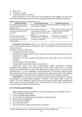 „Projekt współfinansowany ze środków Europejskiego Funduszu Społecznego”
8
1) słowa „nie”,
2) informacji o decyzji,
3) wyjaśnienia motywów odmowy.
Osoba asertywna jest więc stanowcza, umie przedstawić swoje poglądy, ale daje się też
przekonać do stanowiska innej osoby, jeśli zostaną jej przedstawione racjonalne argumenty.
Tabela 1. Rodzaje zachowań w komunikacji [3, s. 13]
Zachowania uległe Zachowania asertywne Zachowania agresywne
Ze względu na naszą przyjaźń
pożyczę ci pieniądze (mimo, że
tego nie chcę)
Nie pożyczę ci pieniędzy, ponieważ
mi ich ostatnio nie oddałeś
Nie pożyczę ci pieniędzy, bo nie
Zgadzam się z twoją oceną mojego
zachowania (mimo, że się nie
zgadzam)
Ocena mojego zachowania
wygłoszona przez ciebie jest twoją
opinią, ja mam inne zdanie na ten
temat
Jesteś złośliwy wydając taką ocenę
mojego zachowania, nie będę
z tobą rozmawiał
Nic nie rozumiem z tego,
co mówi nauczyciel na lekcji
i nie chcę go prosić o ponowne
wytłumaczenie
Przepraszam, czy mógłby pan
profesor raz jeszcze wytłumaczyć
wcześniejsze zagadnienie
Pan profesor źle tłumaczy
i ja nic z tego nie rozumiem
Koncepcja asertywności opiera się na założeniu, że każdy człowiek posiada pewne
prawa, które otoczenie powinno respektować oraz, że umiejętność bycia asertywnym można
w sobie rozwinąć.
Przykłady zachowań asertywnych:
− potrafię poprosić kogoś o pomoc,
− protestuję nie okazując zdenerwowania i niechęci, jeśli ktoś chce decydować za mnie, nie
pytając mnie o zdanie,
− swobodnie i bez obaw wyrażam swoją opinię nawet wtedy, gdy wiem, że nie jest ona
popularna,
− potrafię przyjąć zasłużoną krytykę,
− w odpowiednich sytuacjach walczę o swoje interesy.
Asertywność czyni z nas ludzi cywilizowanych. Dzięki asertywności potrafimy
zaspokajać nasze potrzeby, bez naruszania praw innych osób, a także robić to w sposób
dostosowany do okoliczności. Asertywność zapobiega wywoływaniu stresu u osób w naszym
otoczeniu przez to, że nie zaspokajamy własnych potrzeb i nie wyrażamy własnych opinii
zbyt agresywnie, kosztem innych osób. Z drugiej strony, dzięki asertywności sami unikamy
stresu wynikającego z nie realizowania własnych potrzeb, bycia zbyt uległym i zależnym.
Tolerancja to w mowie potocznej i naukach społecznych postawa społeczna i osobista
odznaczająca się poszanowaniem poglądów, zachowań i cech innych ludzi, a także ich
samych. W sensie najbardziej ogólnym oznacza ona postawę wykluczającą dyskryminację
ludzi, których sposób postępowania oraz przynależność do danej grupy społecznej są
krytykowane przez większość społeczeństwa.
4.1.2. Pytania sprawdzające
Odpowiadając na pytania, sprawdzisz, czy jesteś przygotowany do wykonania ćwiczeń.
1. Czym się zajmuje psychologia?
2. Co to jest kontakt interpersonalny?
3. Co ma wpływ na kształtowanie się kontaktów interpersonalnych?
4. Jakie są rodzaje komunikacji?
5. Na czym polega konflikt?
6. Co to jest asertywność?
7. Jaka jest zależność między asertywnością a tolerancją?
 