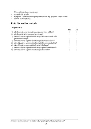 „Projekt współfinansowany ze środków Europejskiego Funduszu Społecznego”
28
Wyposażenie stanowiska pracy:
− poradnik dla ucznia,
− komputer z odpowiednim oprogramowaniem (np. program Power Point),
− rzutnik multimedialny.
4.3.4. Sprawdzian postępów
Czy potrafisz:
Tak Nie
1) zdefiniować pojęcie struktury organizacyjnej zakładu?  
2) zdefiniować pojęcie stanowiska pracy?  
3) określić zakres czynności i obowiązki kierownika zakładu
gastronomicznego?  
4) określić zakres czynności i obowiązki kierownika sali?  
5) określić zakres czynności i obowiązki kierownika bufetu?  
6) określić zakres czynności i obowiązki kelnera?  
7) określić zakres czynności i obowiązki pracownika bufetu?  
8) określić zakres czynności i obowiązki kawiarki?  
 