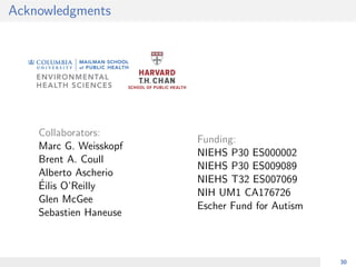 Acknowledgments
Collaborators:
Marc G. Weisskopf
Brent A. Coull
Alberto Ascherio
´Eilis O’Reilly
Glen McGee
Sebastien Haneuse
Funding:
NIEHS P30 ES000002
NIEHS P30 ES009089
NIEHS T32 ES007069
NIH UM1 CA176726
Escher Fund for Autism
30
 