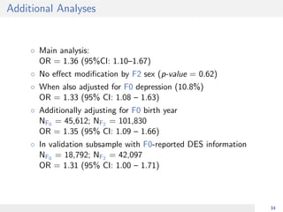 Additional Analyses
◦ Main analysis:
OR = 1.36 (95%CI: 1.10–1.67)
◦ No eﬀect modiﬁcation by F2 sex (p-value = 0.62)
◦ When also adjusted for F0 depression (10.8%)
OR = 1.33 (95% CI: 1.08 – 1.63)
◦ Additionally adjusting for F0 birth year
NF0 = 45,612; NF2 = 101,830
OR = 1.35 (95% CI: 1.09 – 1.66)
◦ In validation subsample with F0-reported DES information
NF0 = 18,792; NF2 = 42,097
OR = 1.31 (95% CI: 1.00 – 1.71)
34
 