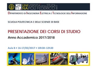 DIPARTIMENTO DI INGEGNERIA ELETTRICA E TECNOLOGIE DELL’INFORMAZIONE
SCUOLA POLITECNICA E DELLE SCIENZE DI BASE
PRESENTAZIONE DEI CORSI DI STUDIO
Anno Accademico 2017/2018
Aula B • 16‐17/02/2017 • 10h30–12h30
 