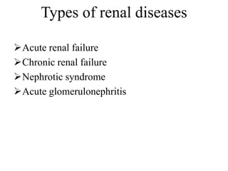 Types of renal diseases
Acute renal failure
Chronic renal failure
Nephrotic syndrome
Acute glomerulonephritis
 