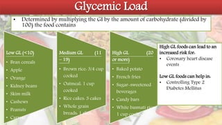 Glycemic Load
• Determined by multiplying the GI by the amount of carbohydrate (divided by
100) the food contains
Low GL (<10)
• Bran cereals
• Apple
• Orange
• Kidney beans
• Skim milk
• Cashews
• Peanuts
• Carrots
Medium GL (11
– 19)
• Brown rice: 3/4 cup
cooked
• Oatmeal: 1 cup
cooked
• Rice cakes: 3 cakes
• Whole grain
breads: 1 slice
High GL (20
or more)
• Baked potato
• French fries
• Sugar-sweetened
beverages
• Candy bars
• White basmati rice:
1 cup cooked
High GL foods can lead to an
increased risk for:
• Coronary heart disease
events
Low GL foods can help in:
• Controlling Type 2
Diabetes Mellitus
 
