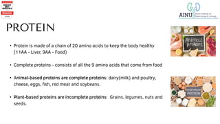 PROTEIN
• Complete proteins + Incomplete protein = Will give the daily protein needs
• Vegetarinas: Protein requirement fr...