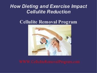 How Dieting and Exercise Impact 
Cellulite Reduction 
Cellulite Removal Program 
WWW.CelluliteRemovalProgram.com 
 