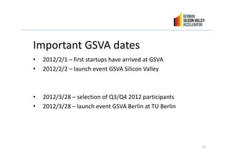 Important GSVA dates
Important GSVA dates
•   2012/2/1 – first startups have arrived at GSVA
        / /                p
...