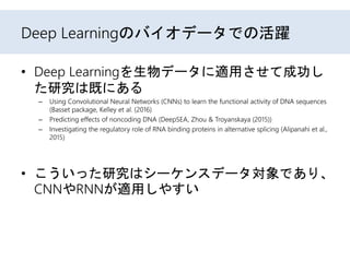 Deep Learningのバイオデータでの活躍
• Deep Learningを生物データに適用させて成功し
た研究は既にある
– Using Convolutional Neural Networks (CNNs) to learn the...