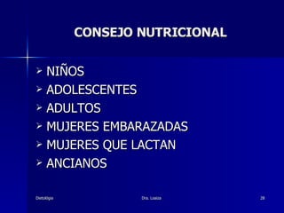 CONSEJO NUTRICIONAL NIÑOS ADOLESCENTES ADULTOS  MUJERES EMBARAZADAS MUJERES QUE LACTAN ANCIANOS 