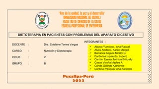 ““Año de la unidad, la paz y el desarrollo””
UNIVERSIDAD NACIONAL DE UCAYALI
FACULTAD DE CIENCIAS DE LA SALUD
ESCUELA PROFESIONAL DE ENFERMERÍA
Pucallpa-Perú
2023
DOCENTE : Dra. Eldelaine Torres Vargas
CURSO : Nutrición y Dietoterapia
CICLO : V
GRUPO : B
INTEGRANTES :
 Aldava Yumbato, Ana Raquel
 Alves Arellano, Karen Margot
 Barranca Segura Mirelly G.
 Cardenas Izquierdo, Lucero
 Carrión Zavala, Mónica Brittzelly
 Casas Vicuña Maylee A.
 Conde Galindo Katherine
 Cordova Vásquez Ana Karenina
DIETOTERAPIA EN PACIENTES CON PROBLEMAS DEL APARATO DIGESTIVO
 