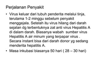 Perjalanan Penyakit
• Virus keluar dari tubuh penderita melalui tinja,
terutama 1-2 minggu sebelum penyakit
menggejala. Setelah itu virus hilang dari darah
sejalan dg terbentuknya zat anti virus Hepatitis A
di dalam darah. Biasanya wabah sumber virus
Hepatitis A air minum yang terpapar virus .
Secara instant bisa dari darah donor yg sedang
menderita hepatitis A.
• Masa inkubasi biasanya 50 hari ( 28 – 30 hari)
 