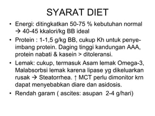 SYARAT DIET
• Energi: ditingkatkan 50-75 % kebutuhan normal
 40-45 kkalori/kg BB ideal
• Protein : 1-1,5 g/kg BB, cukup K...