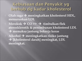  Olah raga  meningkatkan kholesterol HDL,
menurunkan LDL
 Merokok  CO >>  timbulkan flek
aterosklerotik & penimbunan kholesterol LDL
 memaksa jantung bekerja keras
 Alkohol  meningkatkan risiko jantung
 [kholesterol darah] meningkat, LDL
meningkat.
 