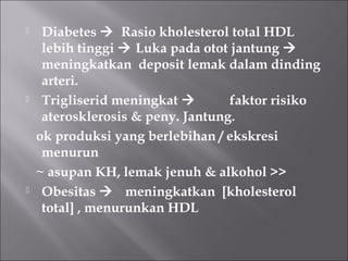  Diabetes  Rasio kholesterol total HDL
lebih tinggi  Luka pada otot jantung 
meningkatkan deposit lemak dalam dinding
arteri.
 Trigliserid meningkat  faktor risiko
aterosklerosis & peny. Jantung.
ok produksi yang berlebihan / ekskresi
menurun
~ asupan KH, lemak jenuh & alkohol >>
 Obesitas  meningkatkan [kholesterol
total] , menurunkan HDL
 