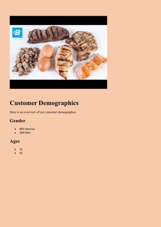 Customer Demographics
Here is an overview of our customer demographics
Gender
 80% Woman
 20% Men
Ages
 35
 65
 