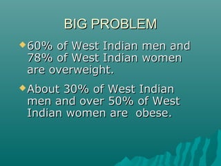 BIG PROBLEMBIG PROBLEM
60% of West Indian men and60% of West Indian men and
78% of West Indian women78% of West Indian women
are overweight.are overweight.
About 30% of West IndianAbout 30% of West Indian
men and over 50% of Westmen and over 50% of West
Indian women are obese.Indian women are obese.
 