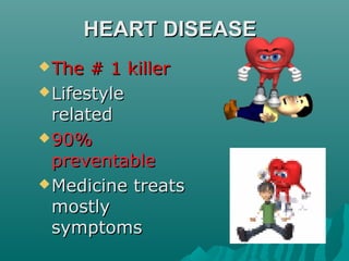 HEART DISEASEHEART DISEASE
The # 1 killerThe # 1 killer
LifestyleLifestyle
relatedrelated
90%90%
preventablepreventable
Medicine treatsMedicine treats
mostlymostly
symptomssymptoms
 