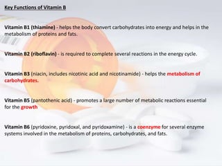 Deficiency of certain B vitamins can cause
Anemia
Tiredness
loss of appetite, abdominal pain
Depression
numbness and tingl...