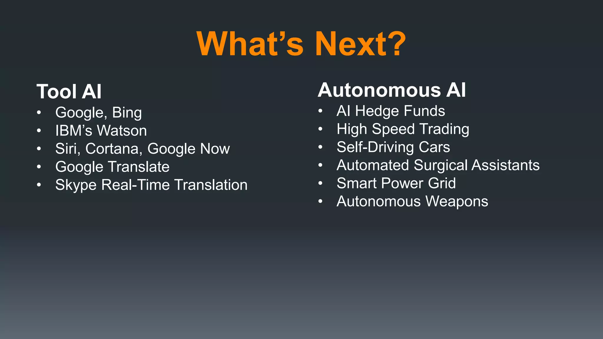 What’s Next?
Tool AI
• Google, Bing
• IBM’s Watson
• Siri, Cortana, Google Now
• Google Translate
• Skype Real-Time Translation
Autonomous AI
• AI Hedge Funds
• High Speed Trading
• Self-Driving Cars
• Automated Surgical Assistants
• Smart Power Grid
• Autonomous Weapons
 
