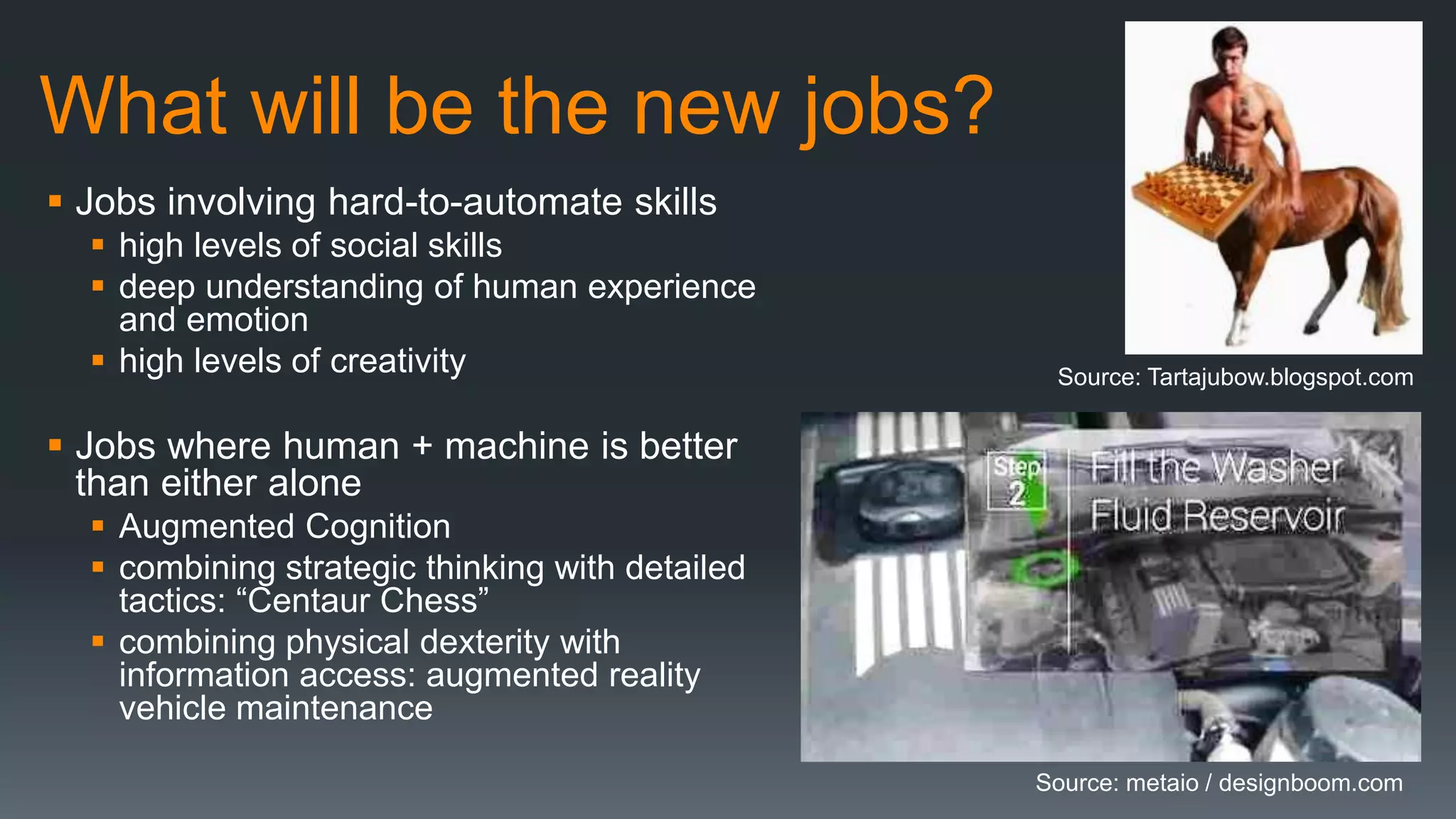 What will be the new jobs?
 Jobs involving hard-to-automate skills
 high levels of social skills
 deep understanding of human experience
and emotion
 high levels of creativity
 Jobs where human + machine is better
than either alone
 Augmented Cognition
 combining strategic thinking with detailed
tactics: “Centaur Chess”
 combining physical dexterity with
information access: augmented reality
vehicle maintenance
Source: Tartajubow.blogspot.com
Source: metaio / designboom.com
 