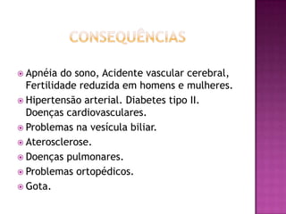  Apnéia

do sono, Acidente vascular cerebral,
Fertilidade reduzida em homens e mulheres.
 Hipertensão arterial. Diabetes tipo II.
Doenças cardiovasculares.
 Problemas na vesícula biliar.
 Aterosclerose.
 Doenças pulmonares.
 Problemas ortopédicos.
 Gota.

 