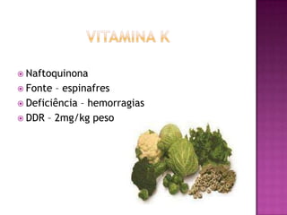  Naftoquinona
 Fonte

– espinafres
 Deficiência – hemorragias
 DDR – 2mg/kg peso

 
