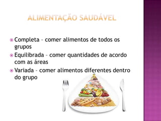  Completa

– comer alimentos de todos os

grupos
 Equilibrada – comer quantidades de acordo
com as áreas
 Variada – comer alimentos diferentes dentro
do grupo

 
