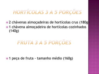 2

chávenas almoçadeiras de hortícolas crus (180g)
 1 chávena almoçadeira de hortícolas cozinhados
(140g)

1

peça de fruta - tamanho médio (160g)

 