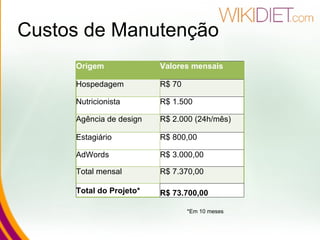 Custos de Manutenção *Em 10 meses Origem Valores mensais Hospedagem R$ 70 Nutricionista R$ 1.500 Agência de design R$ 2.000 (24h/mês) Estagiário R$ 800,00 AdWords R$ 3.000,00 Total mensal R$ 7.370,00 Total do Projeto* R$ 73.700,00 
