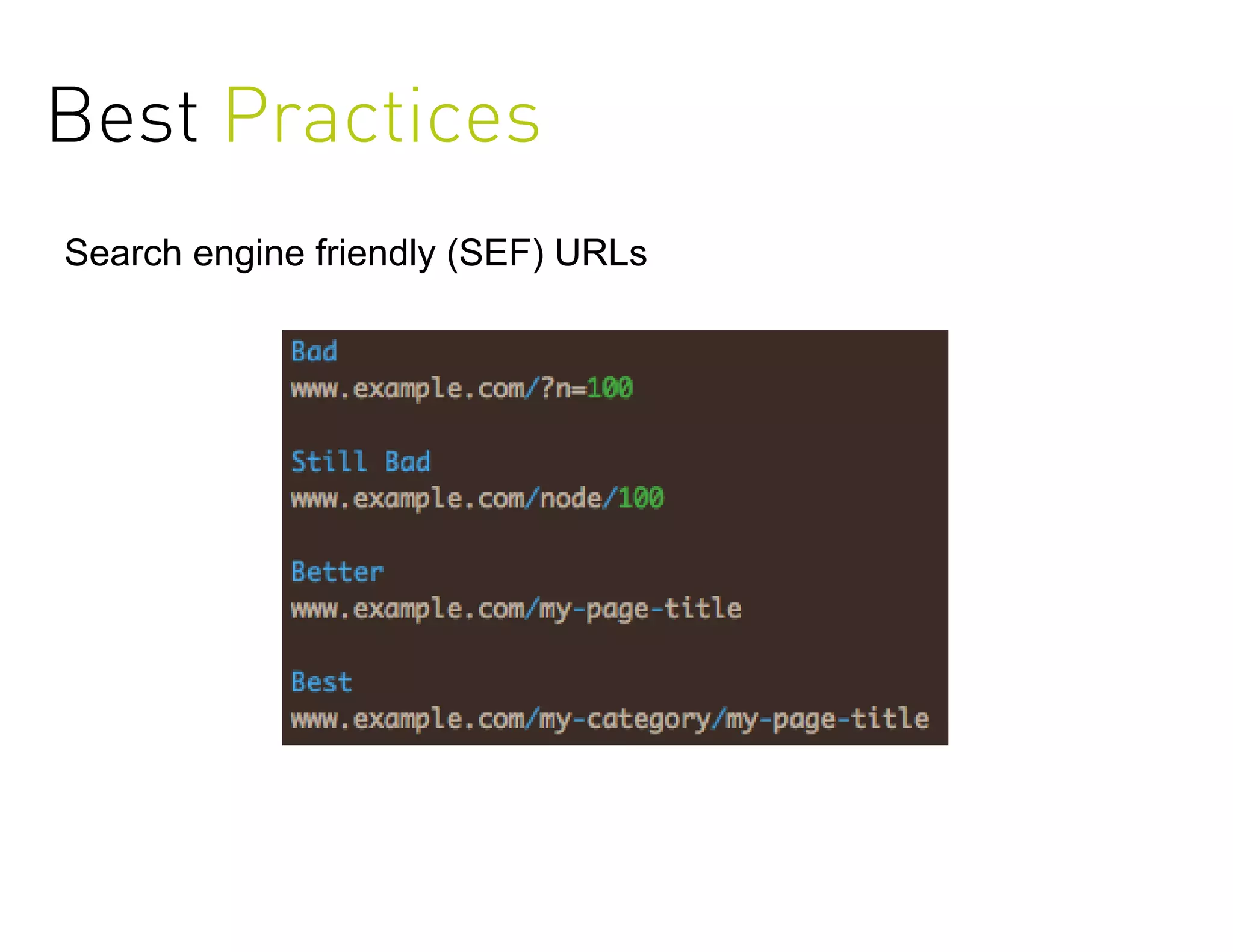 Best Practices
Search engine friendly (SEF) URLs
 